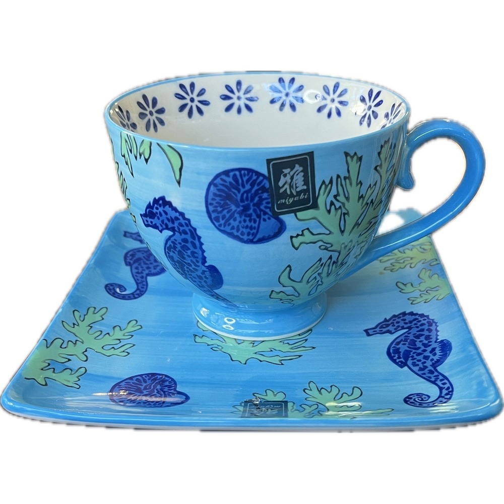 NEW Yokohama Blue Seahorse Pattern 14 oz Coffee Tea Mug Saucer SET Hand Painted